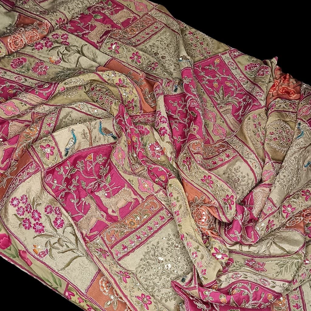 Premium Embroidery Fabric Beige and Pink Dsg.no- 114