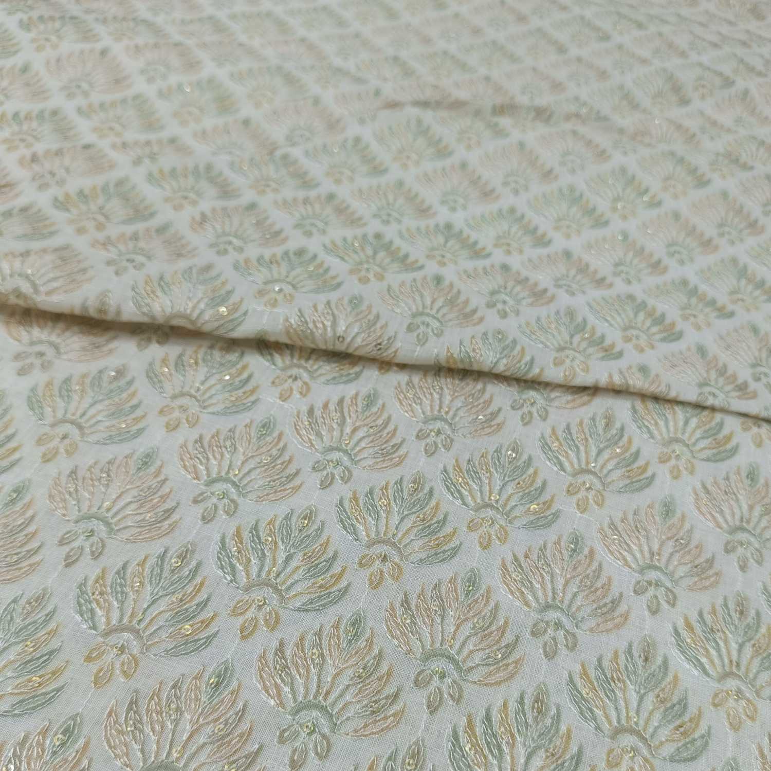 <b>Linen Embroidery with Subtle Greenish Cream Sequin Work </b>